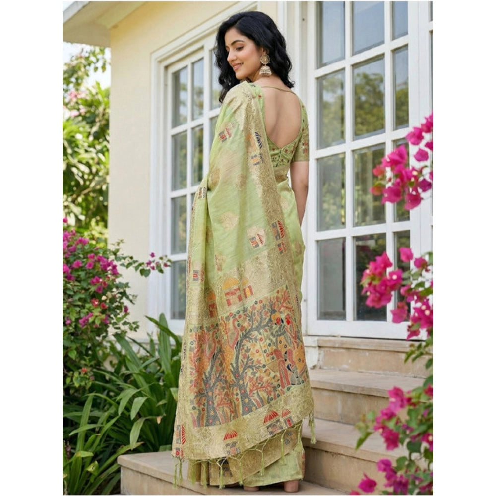 Women's Linen Cotton Printed Saree With Unstitched Blouse 5.5Mtr (Light Green) - VANSHELLE