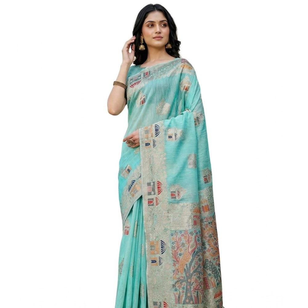 Women'S Linen Cotton Printed Saree With Unstitched Blouse 5.5M