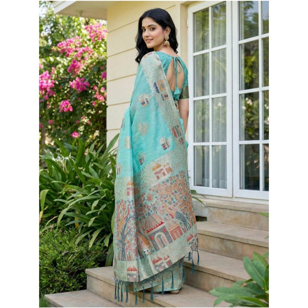 Women'S Linen Cotton Printed Saree With Unstitched Blouse 5.5M