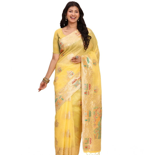 Women's Linen Cotton Printed Saree With Unstitched Blouse 5.5Mtr (Yellow) - VANSHELLE