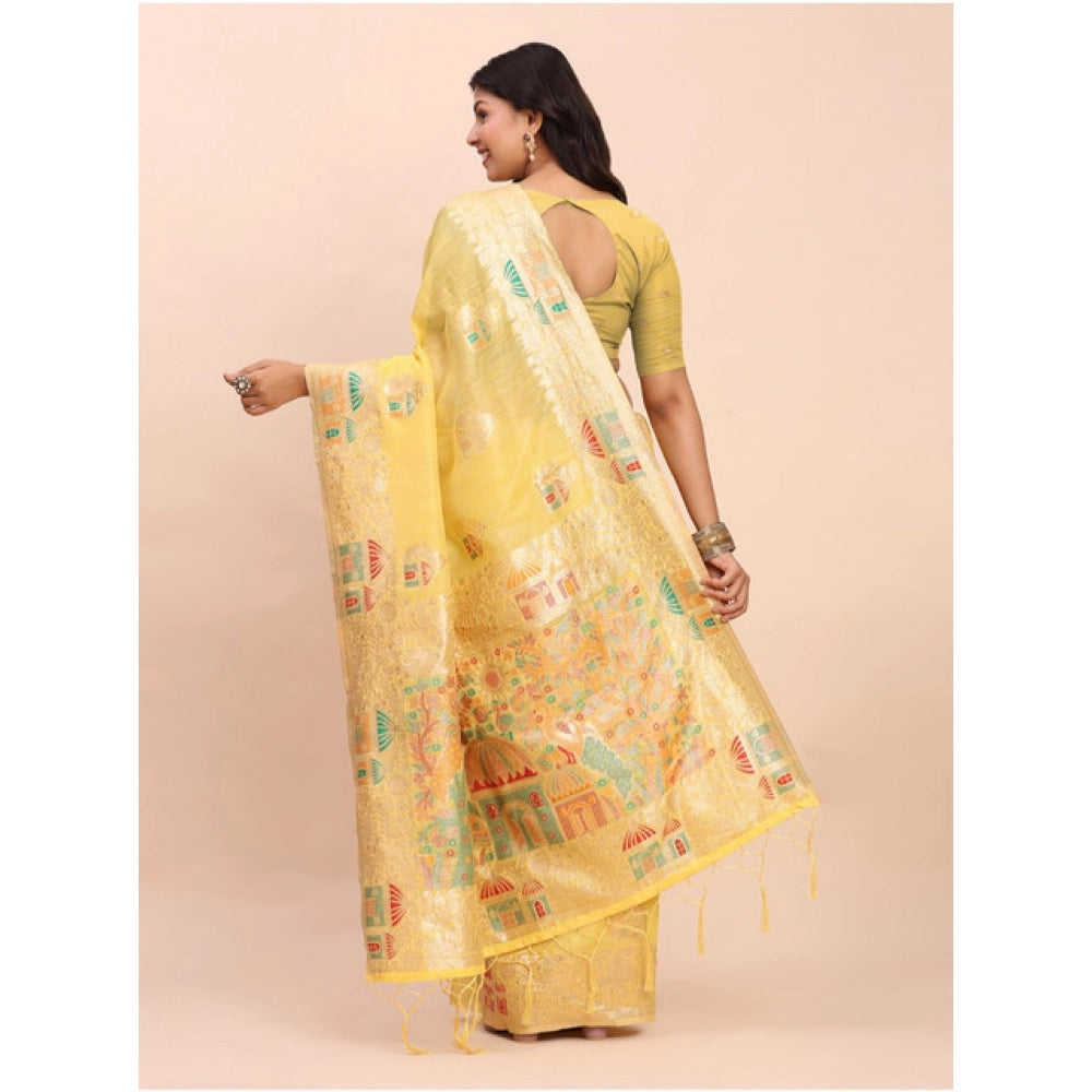 Women's Linen Cotton Printed Saree With Unstitched Blouse 5.5Mtr (Yellow) - VANSHELLE