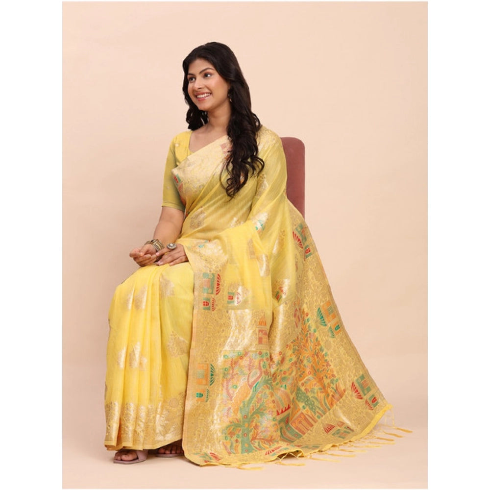 Women's Linen Cotton Printed Saree With Unstitched Blouse 5.5Mtr (Yellow) - VANSHELLE