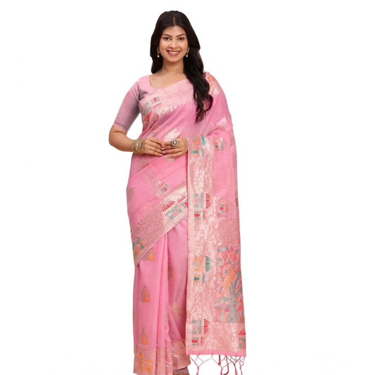 Women's Linen Cotton Printed Saree With Unstitched Blouse 5.5Mtr (Pink) - VANSHELLE