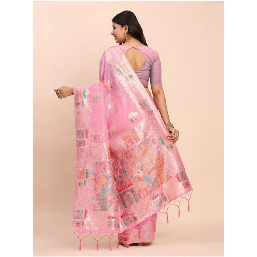 Women's Linen Cotton Printed Saree With Unstitched Blouse 5.5Mtr (Pink) - VANSHELLE