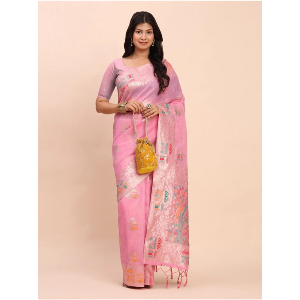 Women's Linen Cotton Printed Saree With Unstitched Blouse 5.5Mtr (Pink) - VANSHELLE