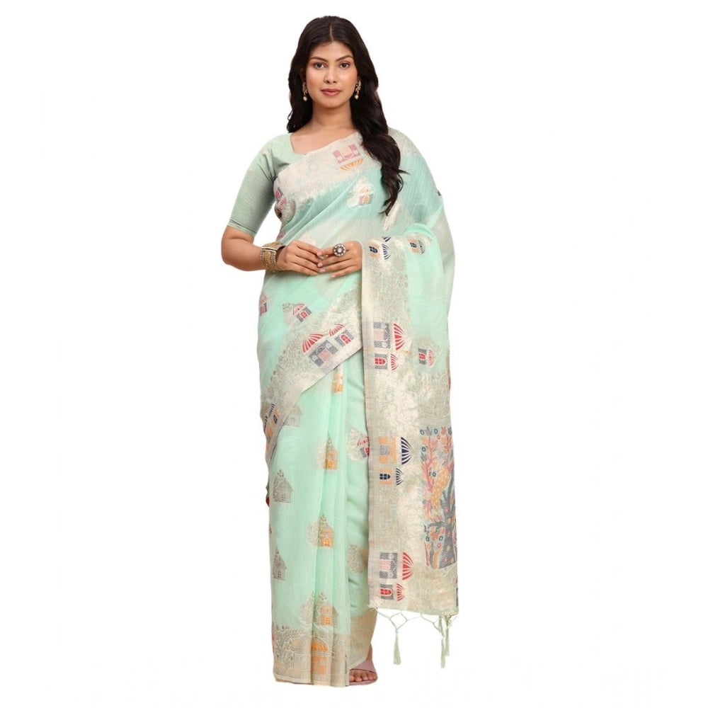 Women's Linen Cotton Printed Saree With Unstitched Blouse 5.5Mtr (Sea Green) - VANSHELLE