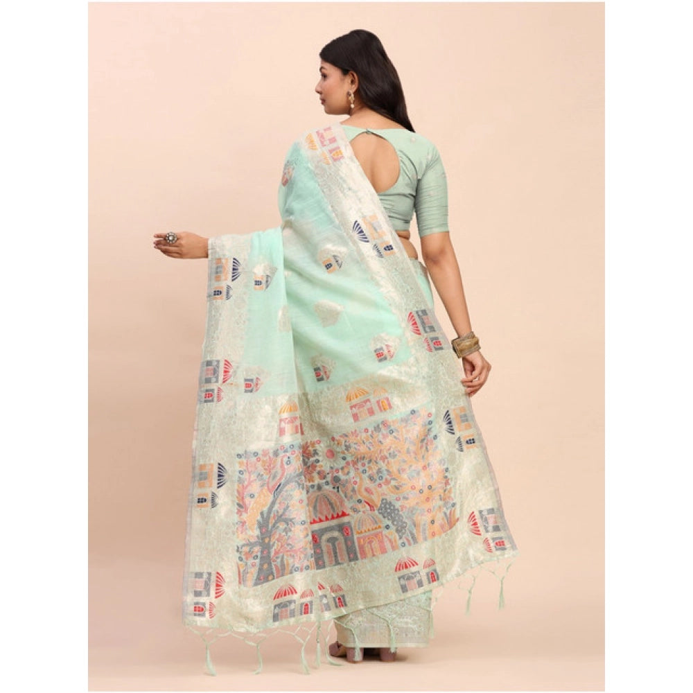 Women's Linen Cotton Printed Saree With Unstitched Blouse 5.5Mtr (Sea Green) - VANSHELLE