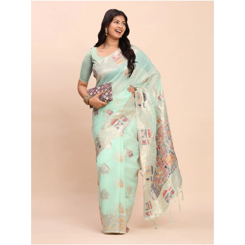 Women's Linen Cotton Printed Saree With Unstitched Blouse 5.5Mtr (Sea Green) - VANSHELLE