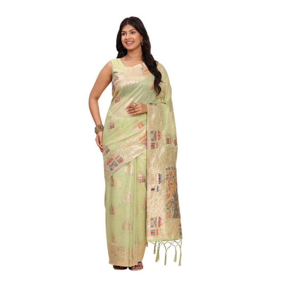 Women's Linen Cotton Printed Saree With Unstitched Blouse 5.5Mtr (Light Green) - VANSHELLE