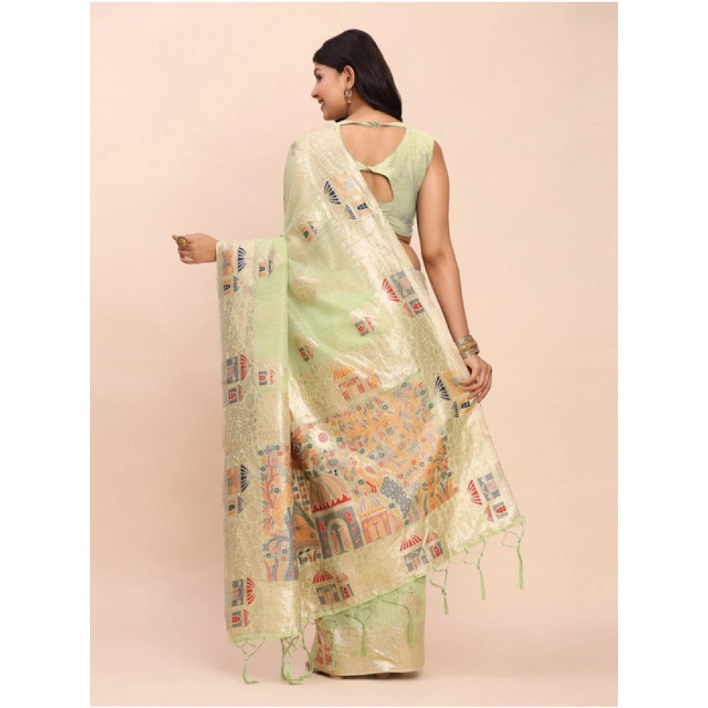 Women's Linen Cotton Printed Saree With Unstitched Blouse 5.5Mtr (Light Green) - VANSHELLE