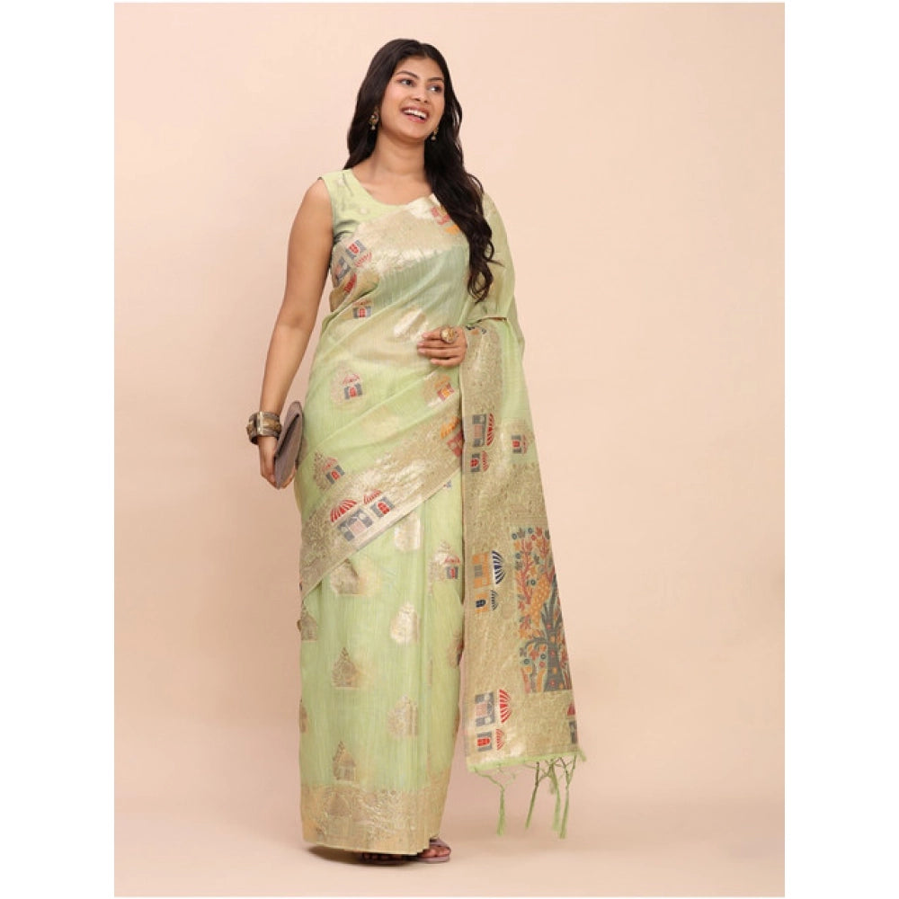 Women's Linen Cotton Printed Saree With Unstitched Blouse 5.5Mtr (Light Green) - VANSHELLE