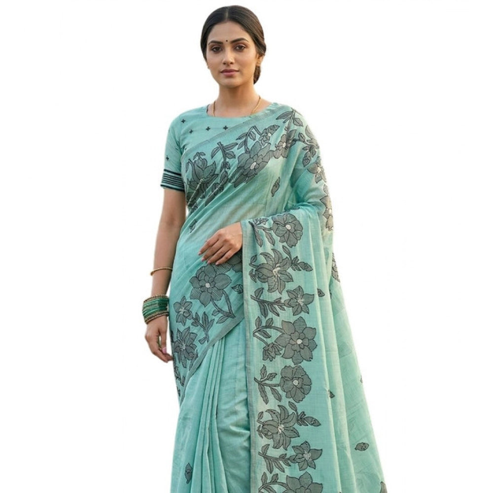 Women's Linen Cotton Printed Saree With Unstitched Blouse 5.5Mtr (Sea Green) - VANSHELLE