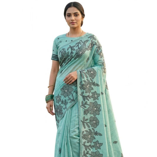 Women's Linen Cotton Printed Saree With Unstitched Blouse 5.5Mtr (Sea Green) - VANSHELLE
