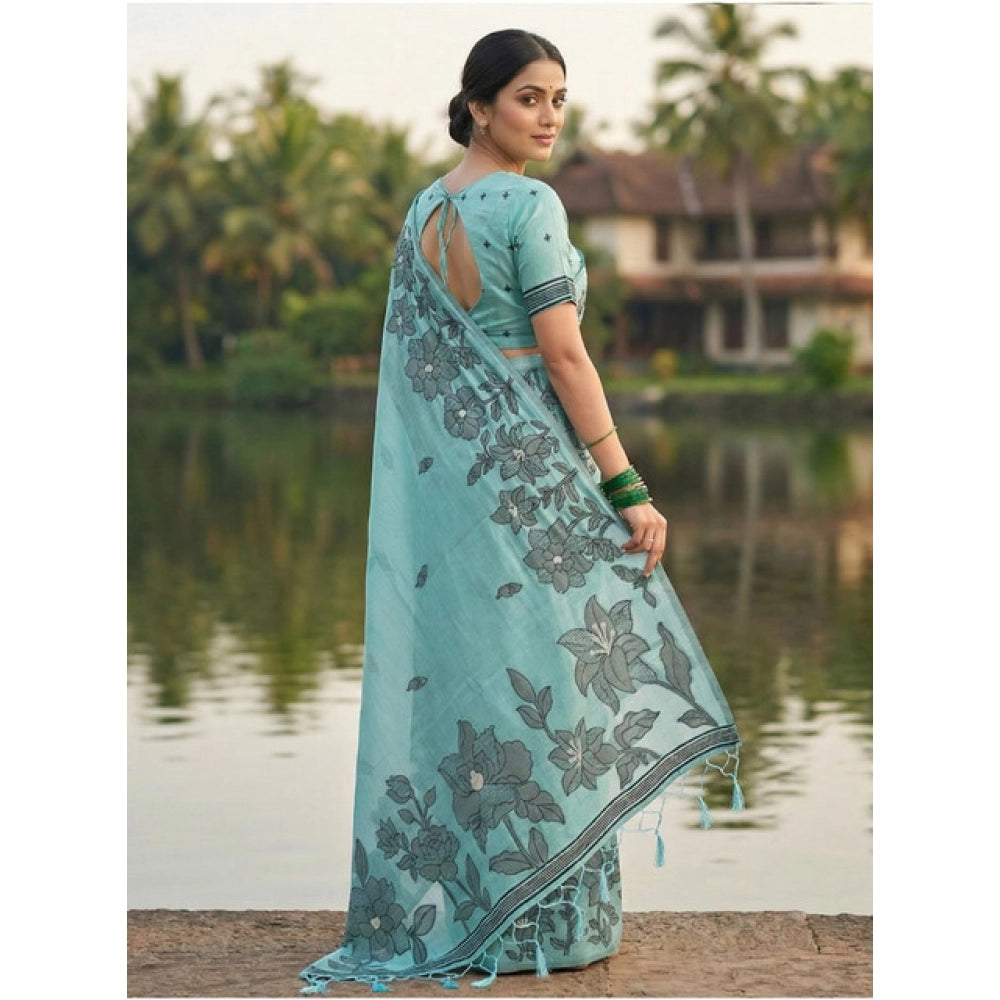 Women's Linen Cotton Printed Saree With Unstitched Blouse 5.5Mtr (Sea Green) - VANSHELLE