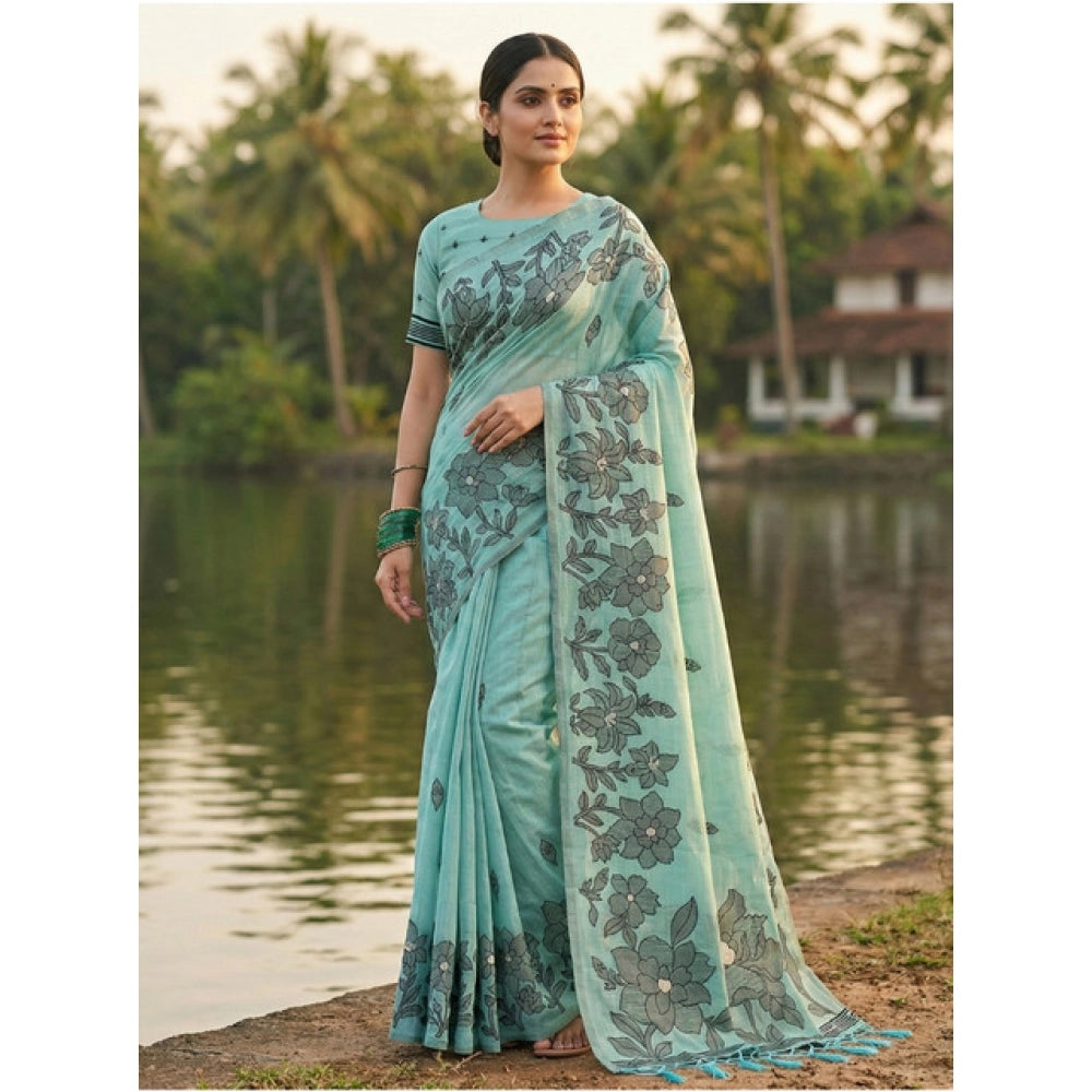 Women's Linen Cotton Printed Saree With Unstitched Blouse 5.5Mtr (Sea Green) - VANSHELLE