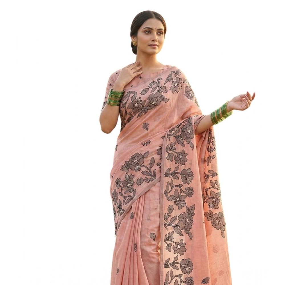 Women'S Linen Cotton Printed Saree With Unstitched Blouse 5.5M