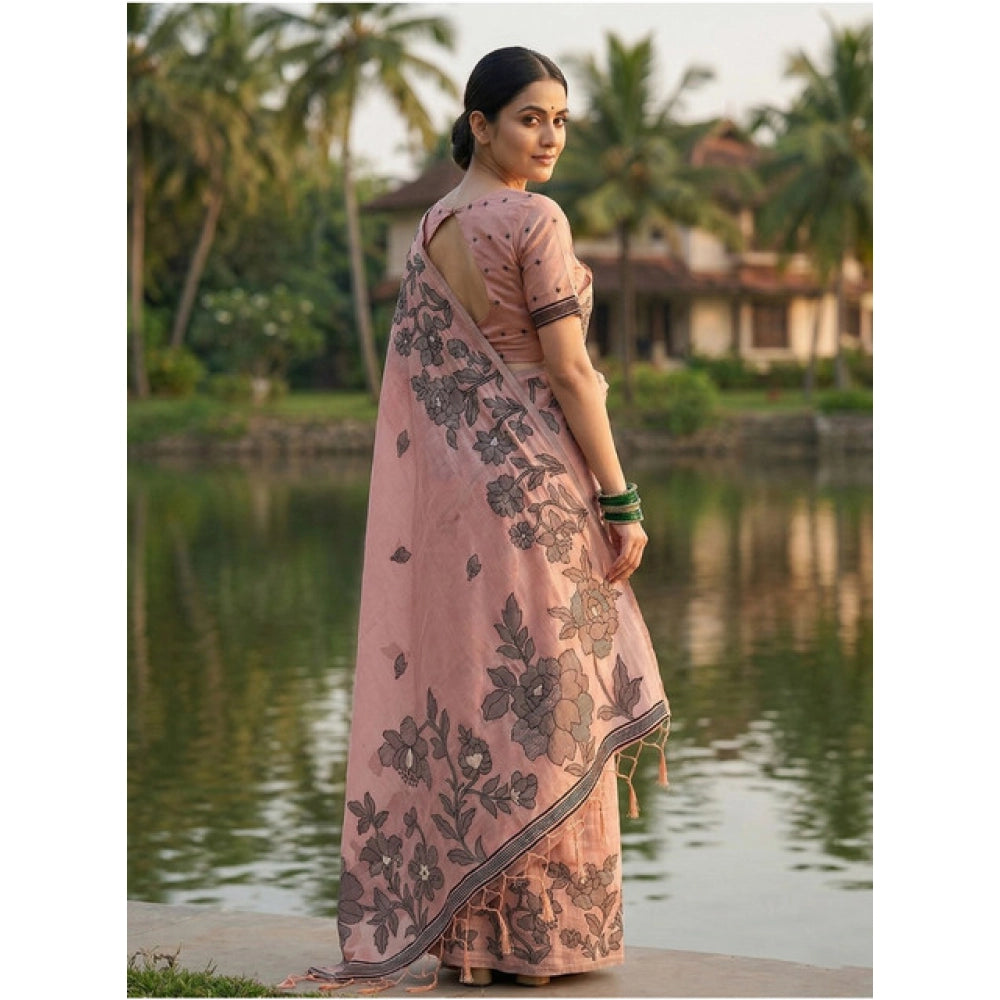 Women's Linen Cotton Printed Saree With Unstitched Blouse 5.5Mtr (Peach) - VANSHELLE