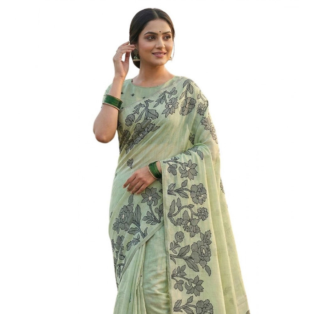Women's Linen Cotton Printed Saree With Unstitched Blouse 5.5Mtr (Light Green) - VANSHELLE