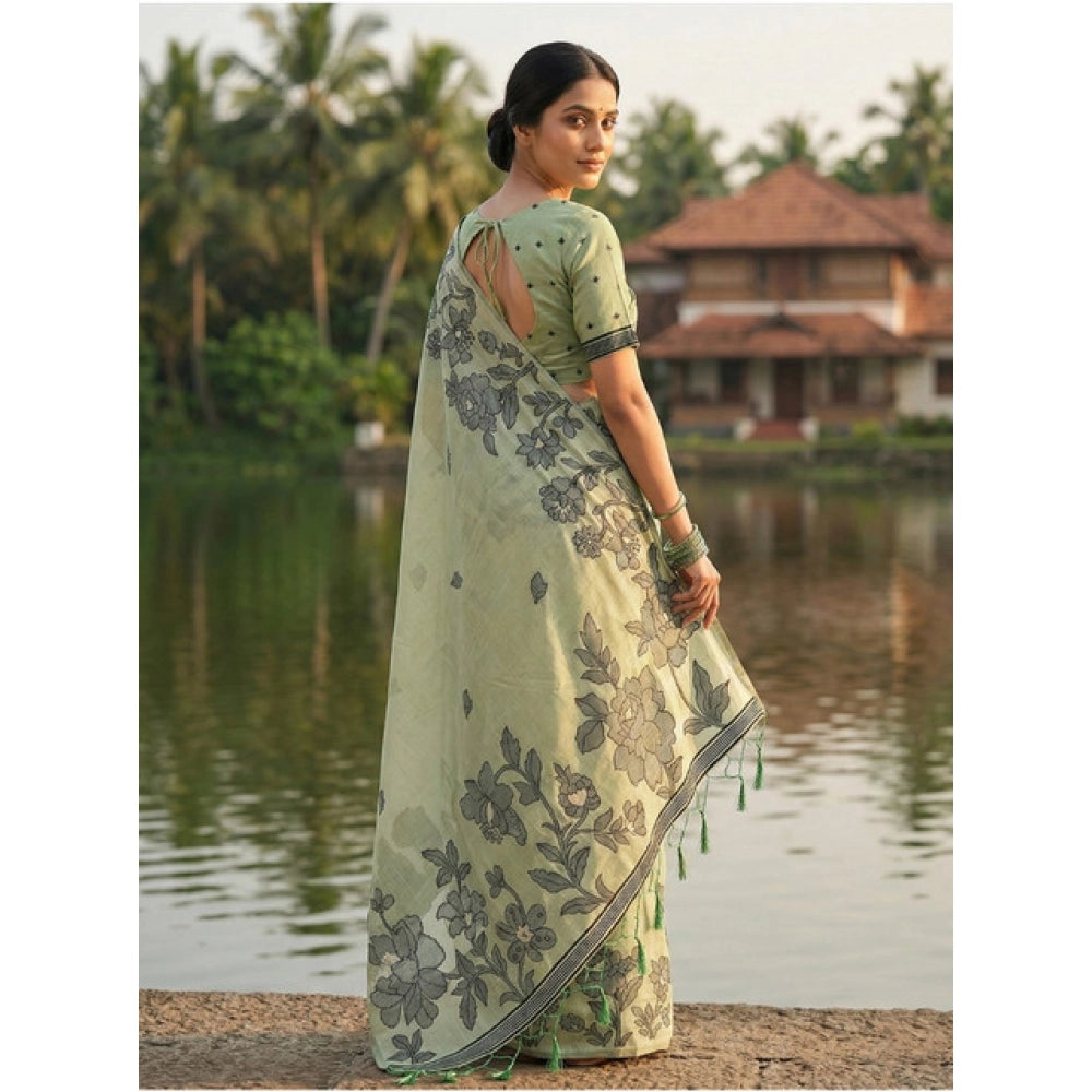 Women's Linen Cotton Printed Saree With Unstitched Blouse 5.5Mtr (Light Green) - VANSHELLE