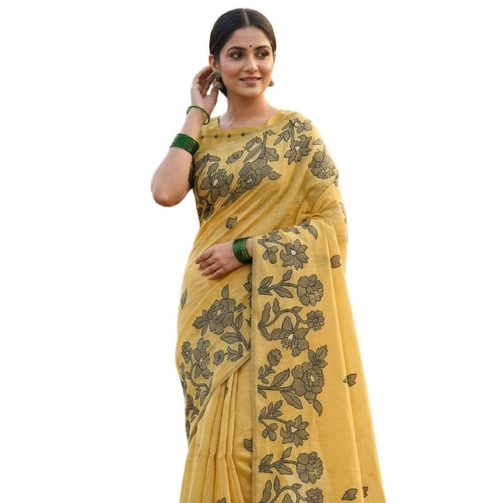 Women's Linen Cotton Printed Saree With Unstitched Blouse 5.5Mtr (Yellow) - VANSHELLE