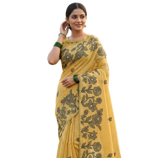 Women's Linen Cotton Printed Saree With Unstitched Blouse 5.5Mtr (Yellow) - VANSHELLE