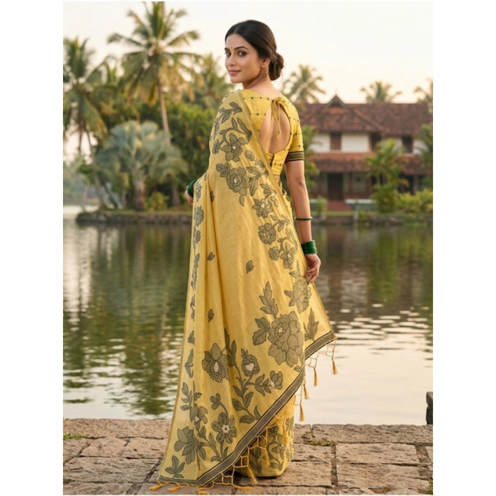 Women's Linen Cotton Printed Saree With Unstitched Blouse 5.5Mtr (Yellow) - VANSHELLE