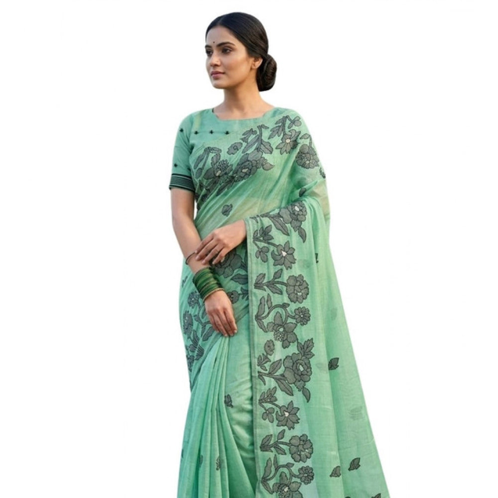 Women'S Linen Cotton Printed Saree With Unstitched Blouse 5.5M