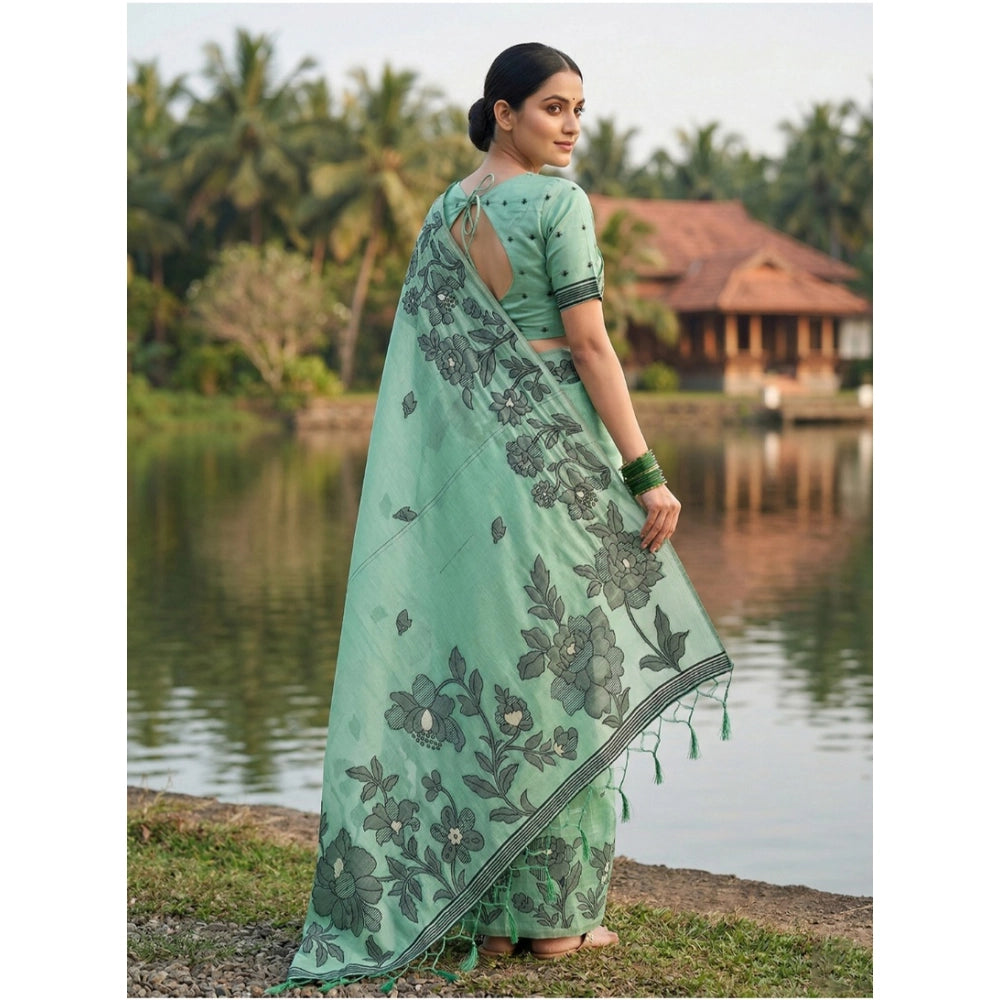 Women'S Linen Cotton Printed Saree With Unstitched Blouse 5.5M
