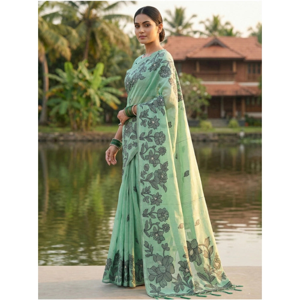 Women'S Linen Cotton Printed Saree With Unstitched Blouse 5.5M