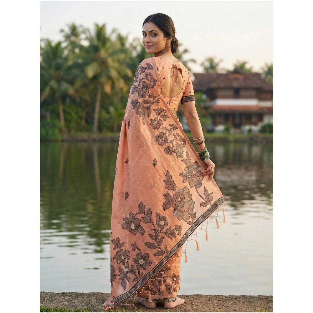 Women's Linen Cotton Printed Saree With Unstitched Blouse 5.5Mtr (Orange) - VANSHELLE