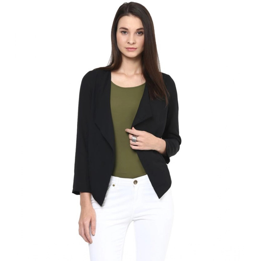 Women'S Polyester Solid Long Sleeves Blazer (Black)
