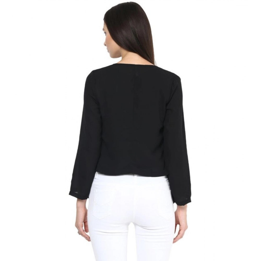 Women'S Polyester Solid Long Sleeves Blazer (Black)