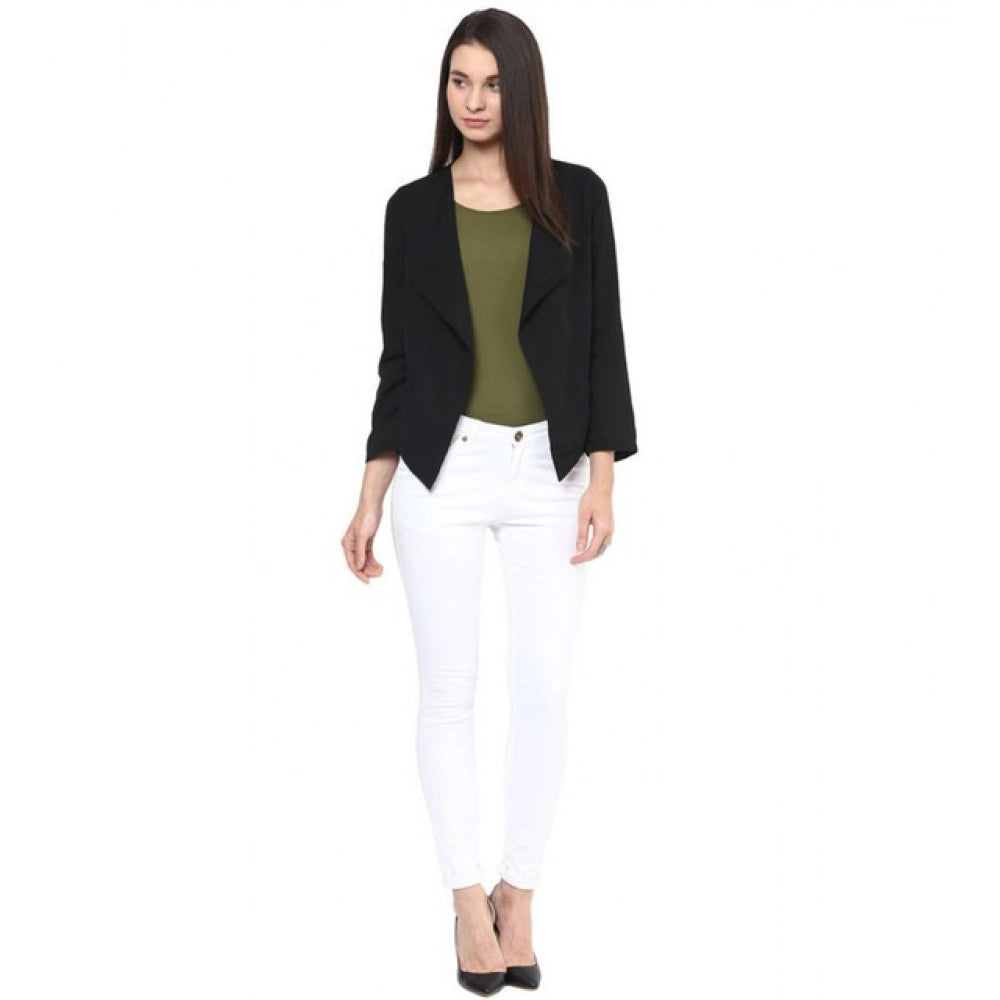 Women'S Polyester Solid Long Sleeves Blazer (Black)