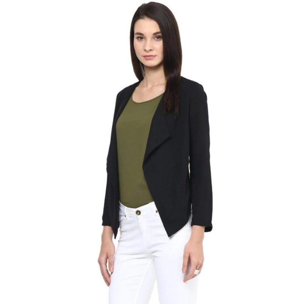 Women'S Polyester Solid Long Sleeves Blazer (Black)