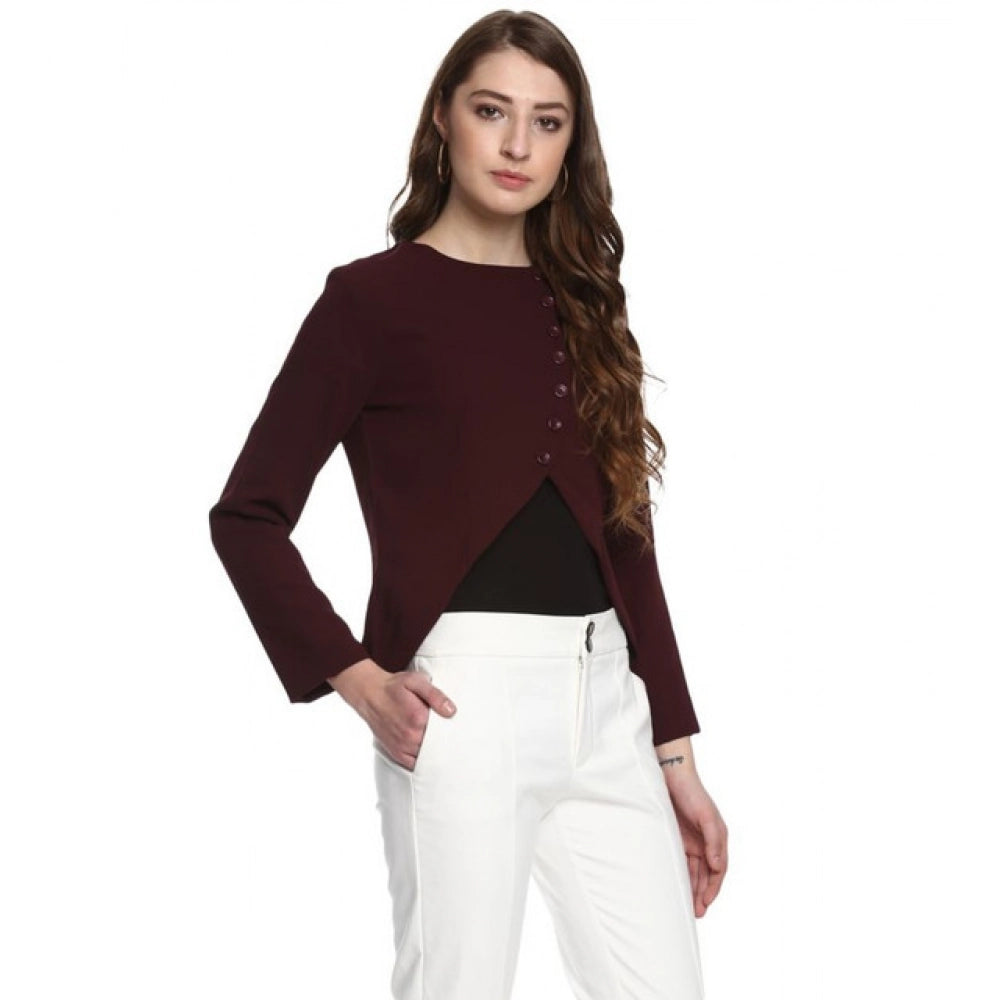 Women'S Polyester Diagonal Cut Long Sleeves Blazer (Maroon)