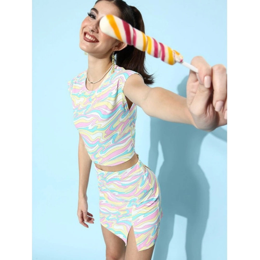 Women'S Polyester Lycra Printed Cap Sleeve Co-Ord Set (Multico