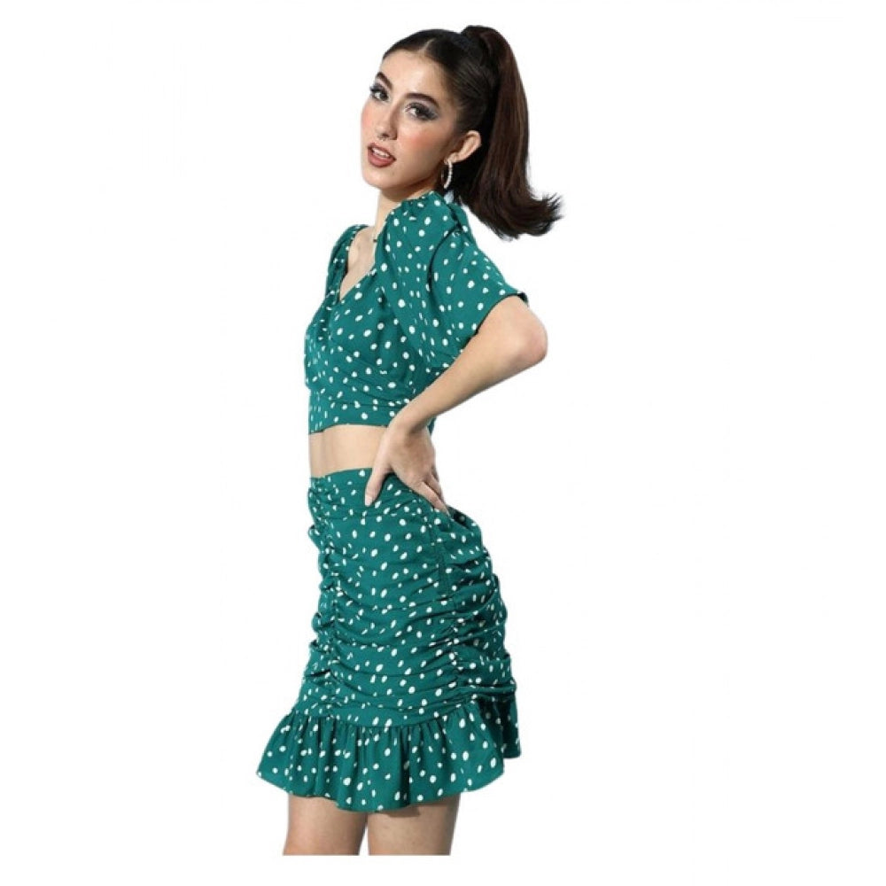 Women'S Polyester Floral Short Sleeve Co-Ord Set (Green)