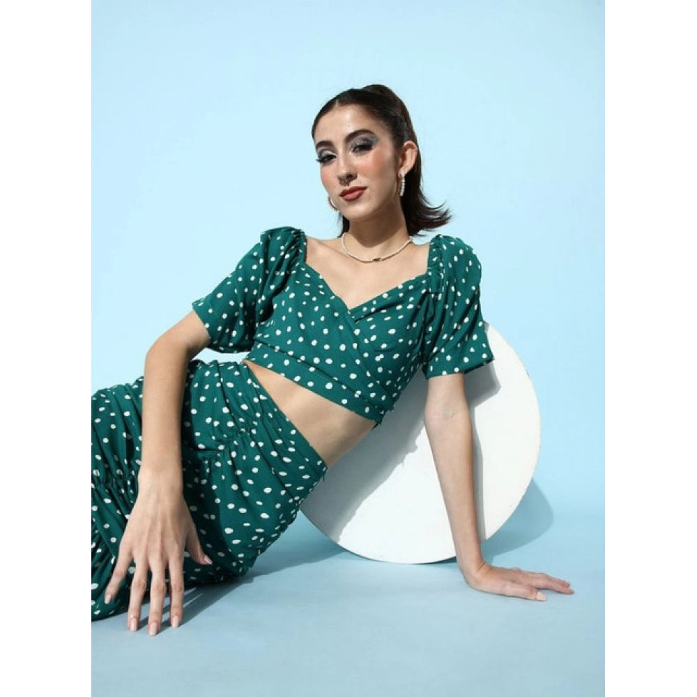 Women'S Polyester Floral Short Sleeve Co-Ord Set (Green)