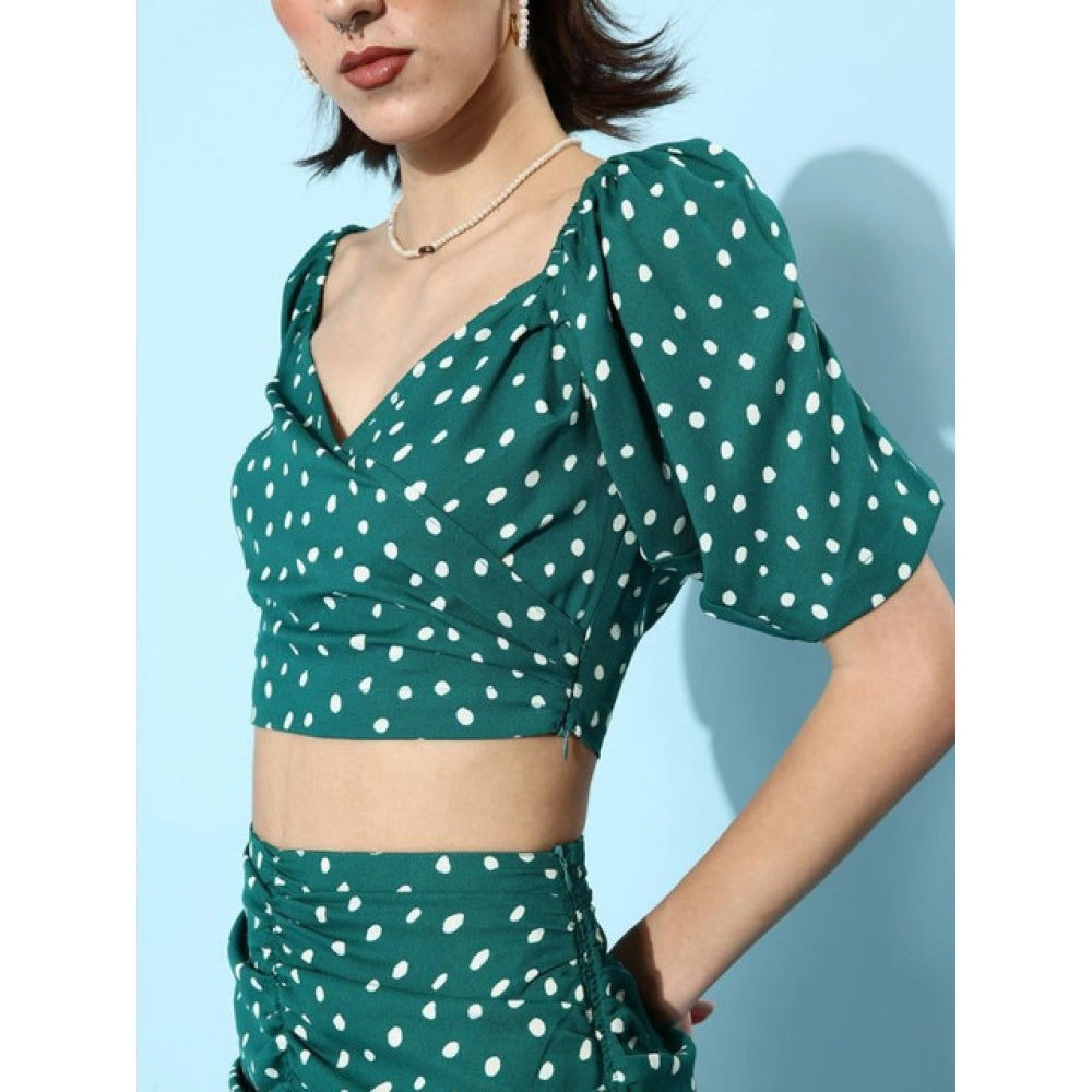 Women'S Polyester Floral Short Sleeve Co-Ord Set (Green)