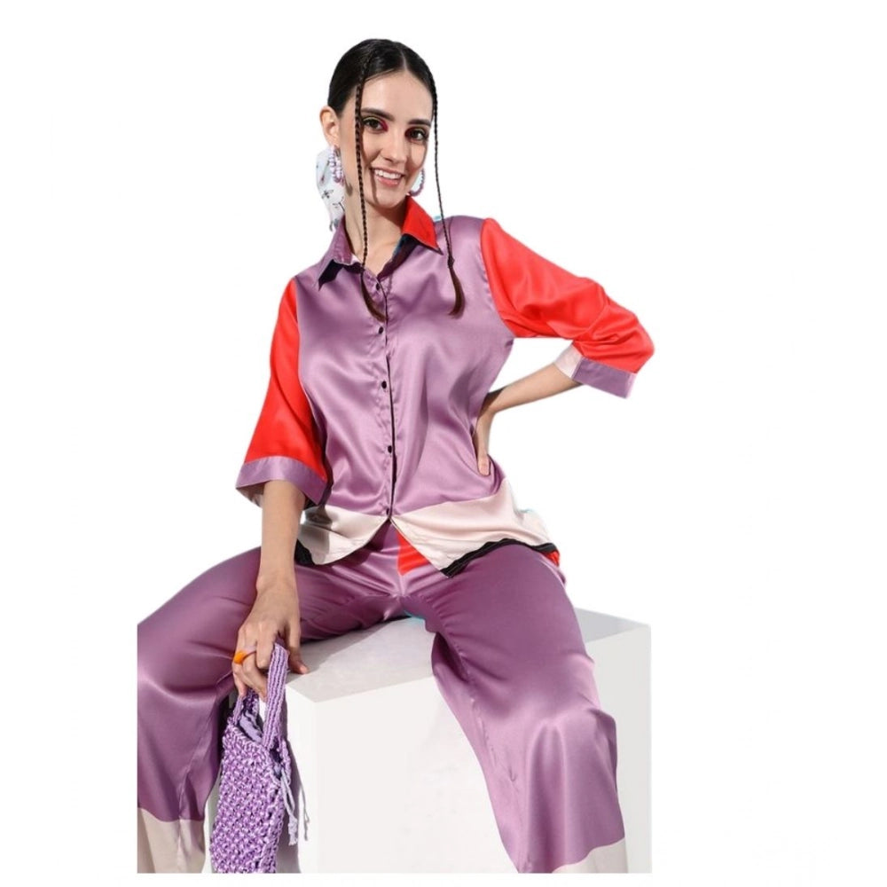 Women'S Satin Colour Block Long Sleeves Co-Ord Set (Multicolor
