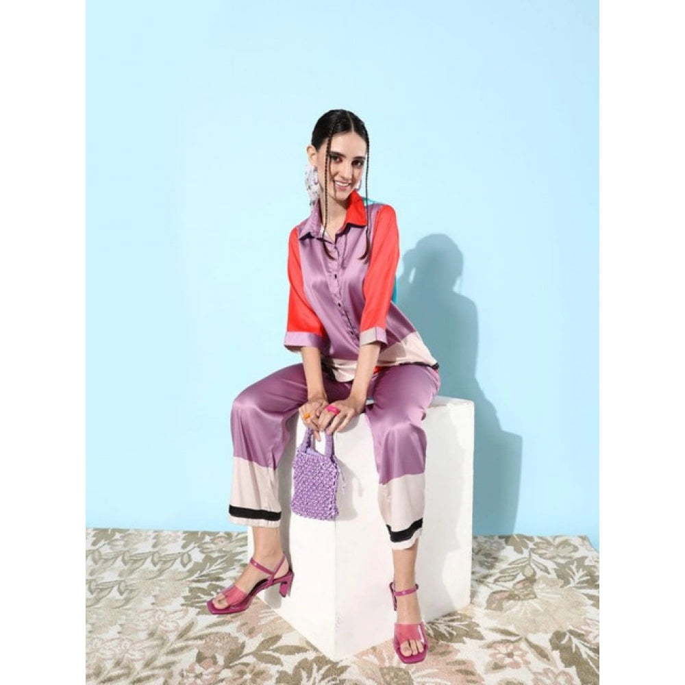 Women'S Satin Colour Block Long Sleeves Co-Ord Set (Multicolor