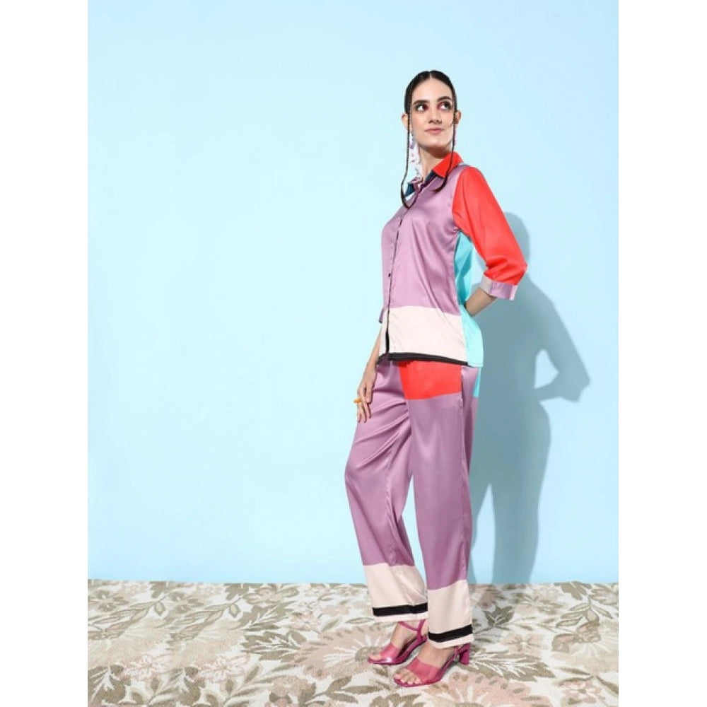 Women'S Satin Colour Block Long Sleeves Co-Ord Set (Multicolor