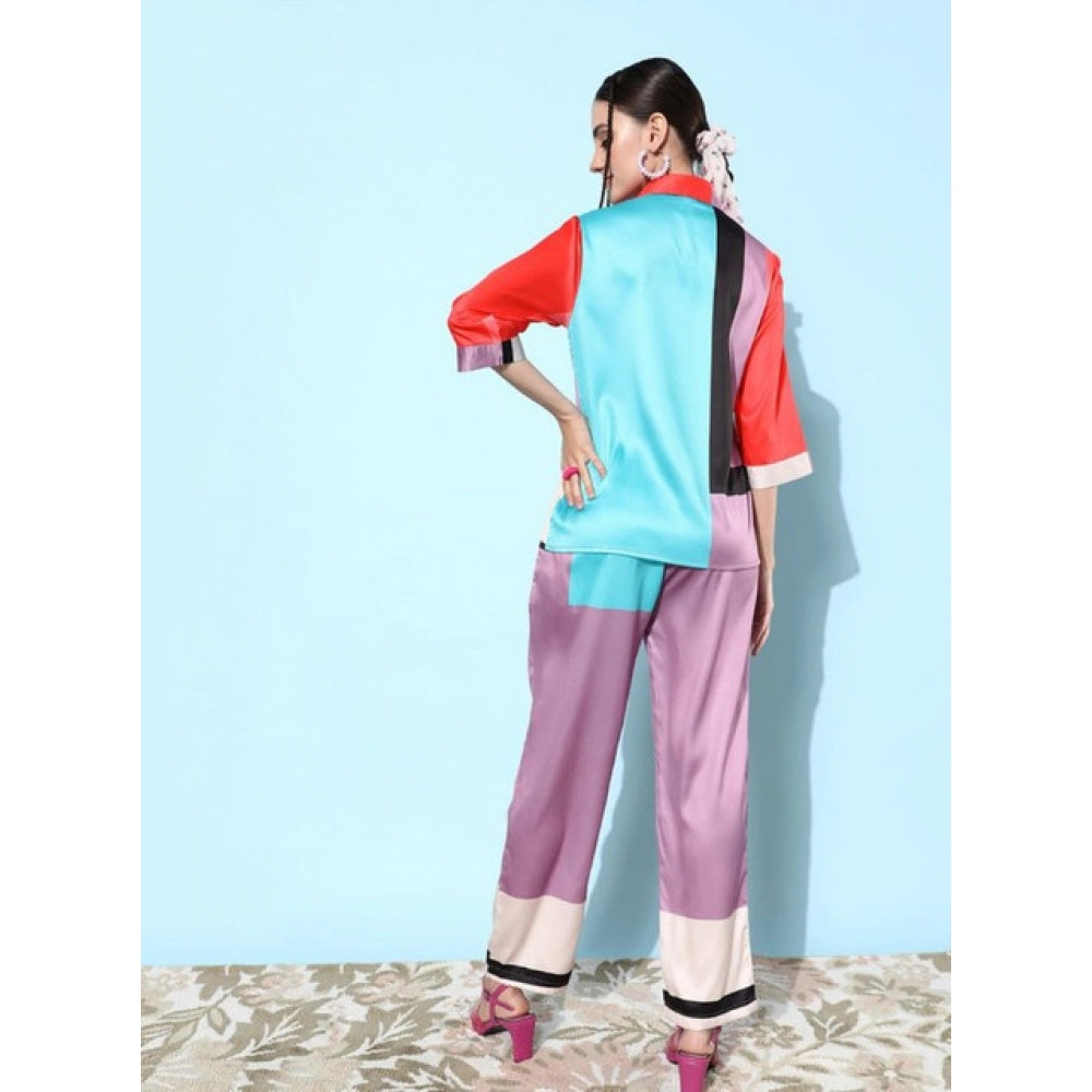 Women'S Satin Colour Block Long Sleeves Co-Ord Set (Multicolor