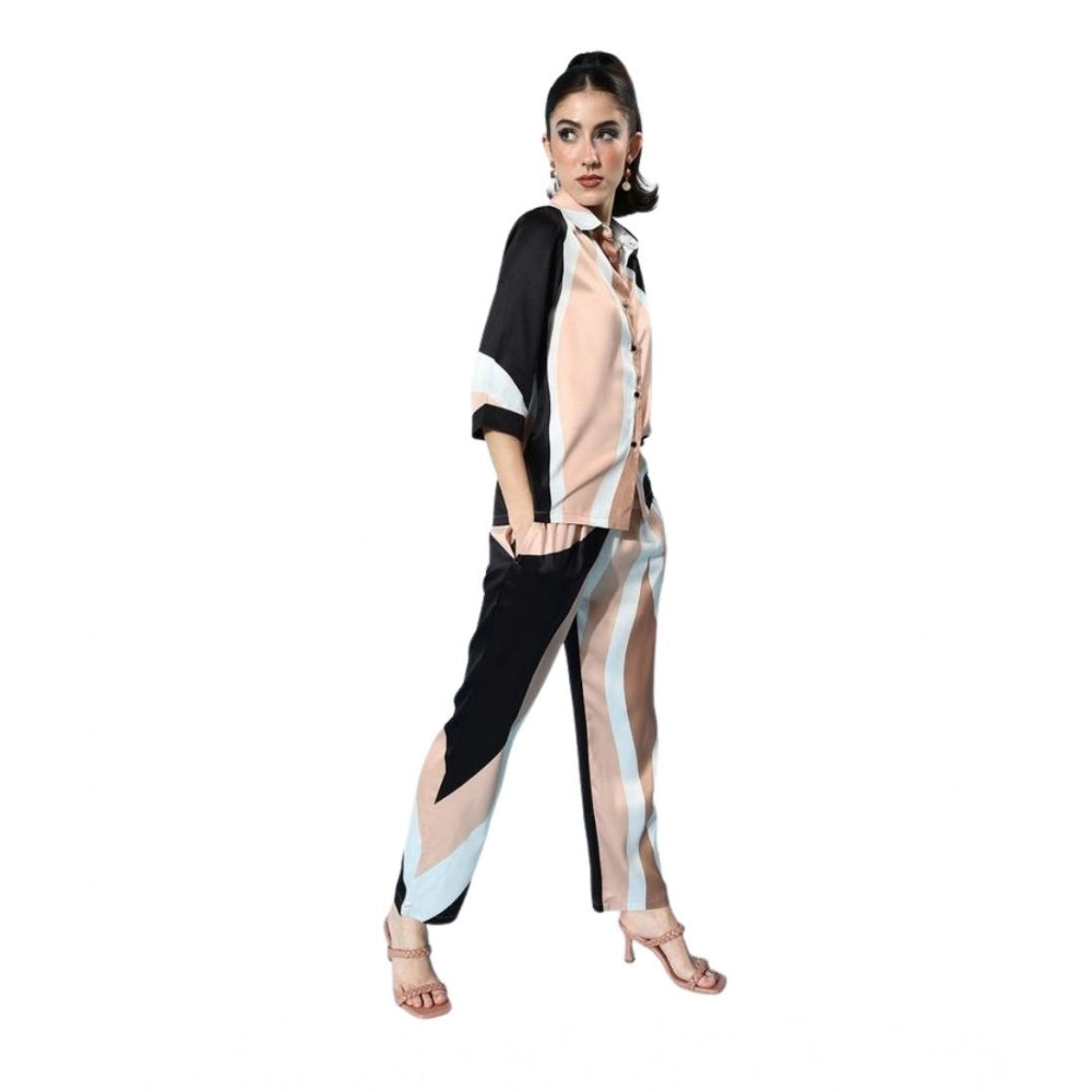 Women'S Satin Colour Block Long Sleeves Co-Ord Set (Beige - Bl