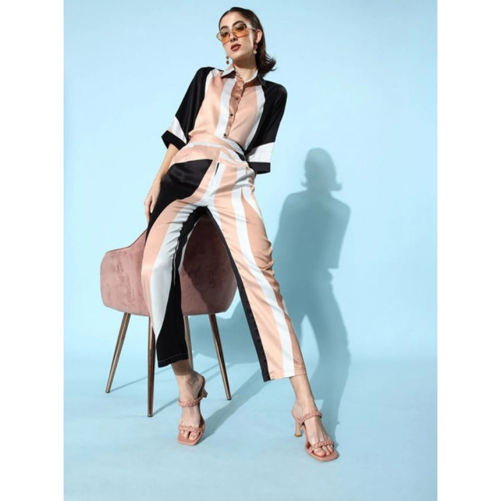 Women'S Satin Colour Block Long Sleeves Co-Ord Set (Beige - Bl
