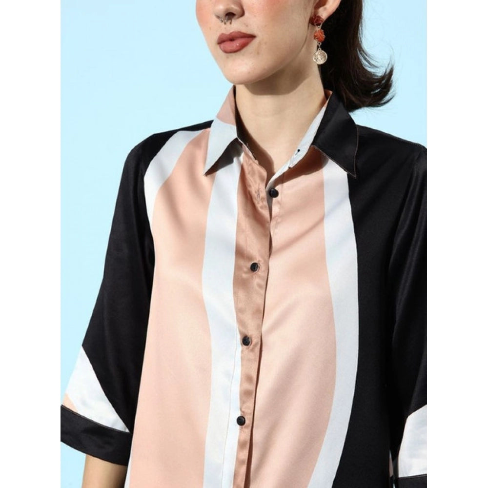 Women'S Satin Colour Block Long Sleeves Co-Ord Set (Beige - Bl