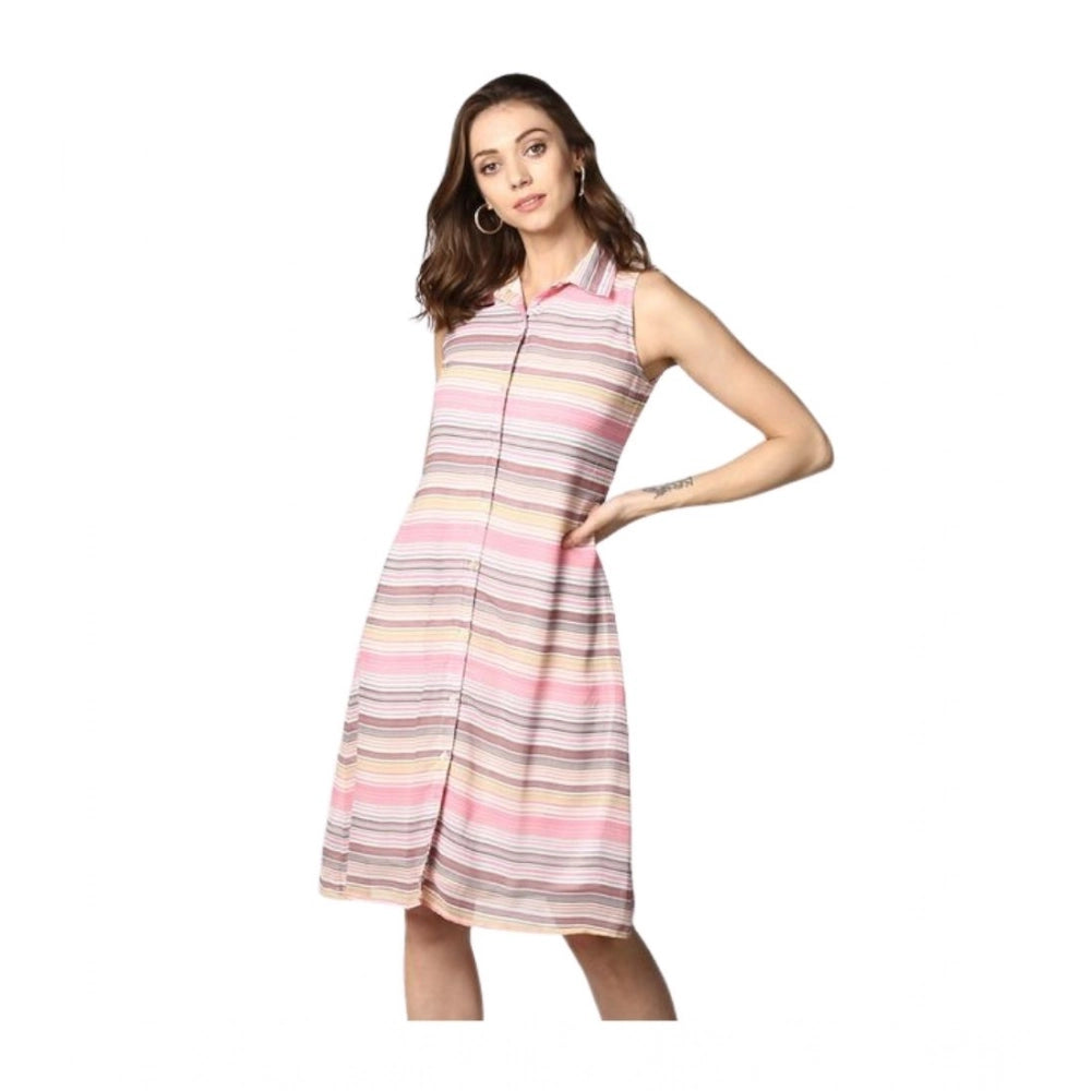 Women'S Polyester Striped Sleeveless Dress (Pink)