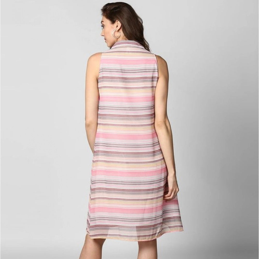 Women'S Polyester Striped Sleeveless Dress (Pink)