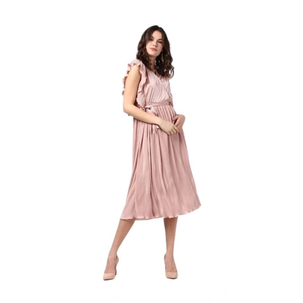 Women'S Polyester Pleated Flutter Dress (Champagne Gold)