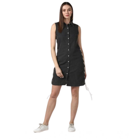Women's Denim Solid Sleeveless Dress (Black)